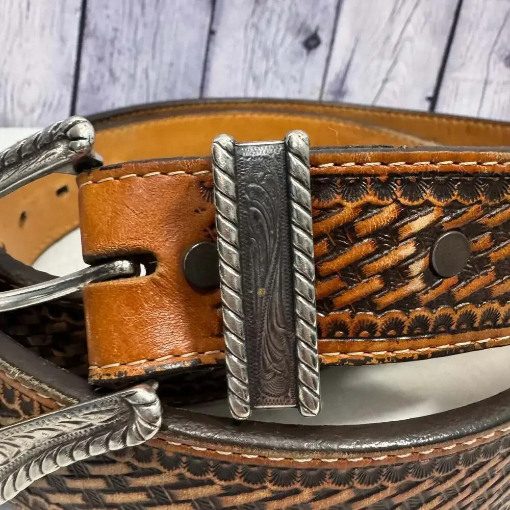 Justin Men's Bronco Basketweave Leather Belt Brown